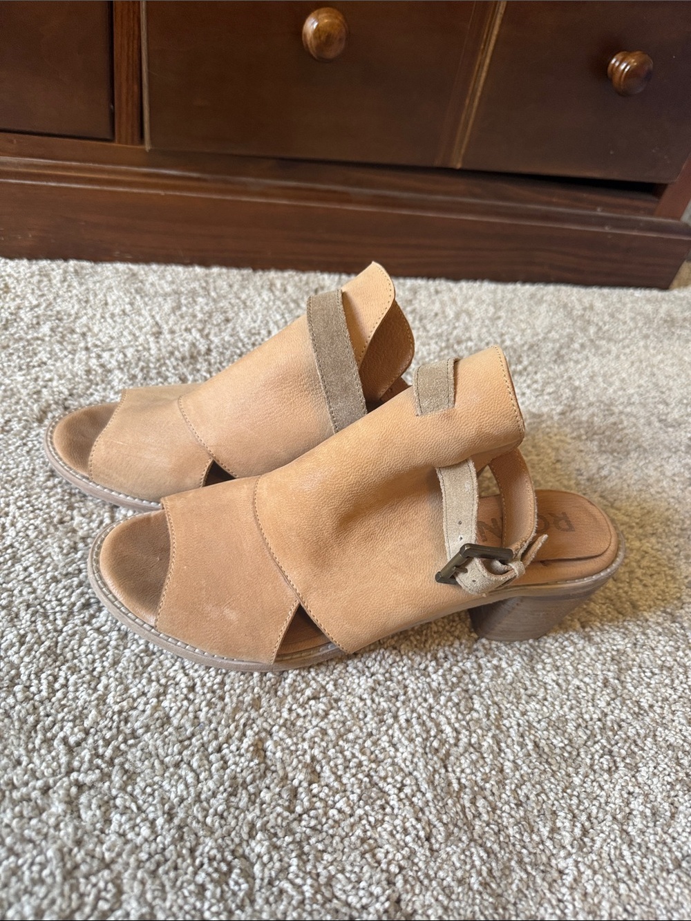 Roan Women’s Tan Suede Open-Toe Slingback Heels